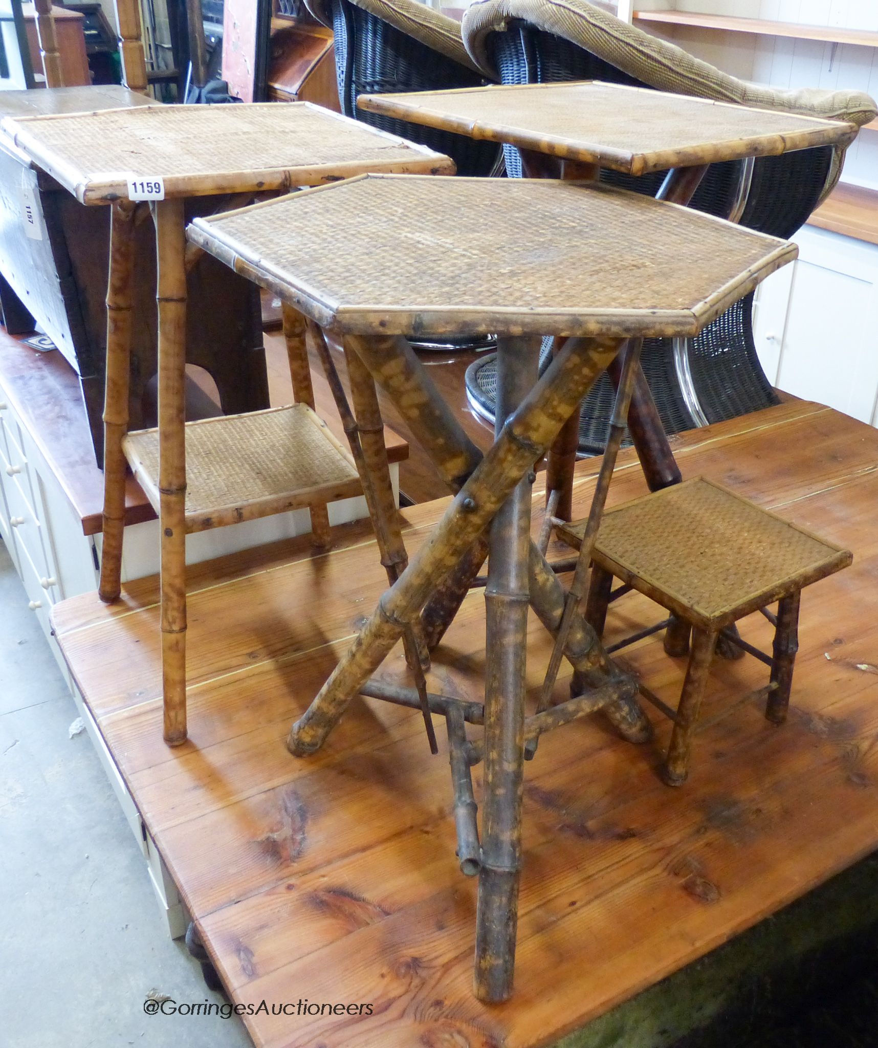 Three wicker and bamboo tables and stool.